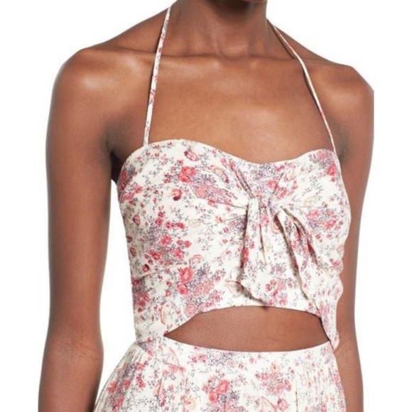 WAYF Dress Halter Top Midi Length Cut Out Abdomen Pink White Floral Tie Neck - Picture 6 of 16